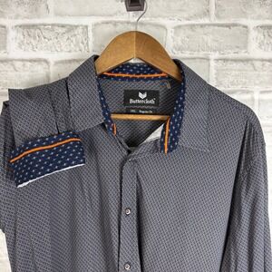 Buttercloth Mens 2XL Regular Fit Navy Blue Geometric Print Button Down Shirt